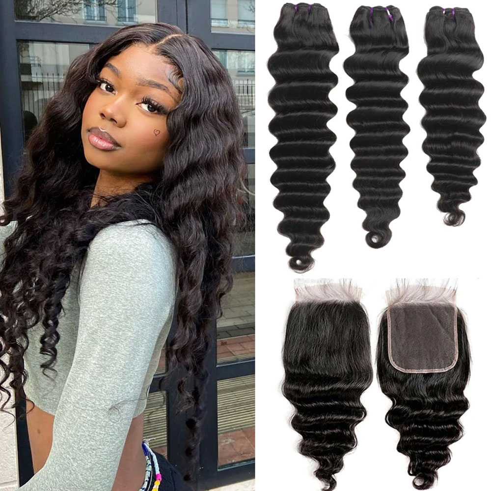 Deep Wave 3 Bundles With Closure - حزم شعر بشري مموج عميق فضفاض