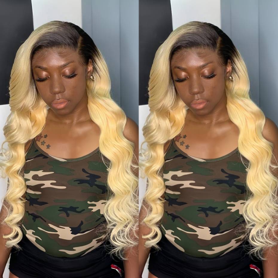 613 Blonde Body Wave Lace Front Wig - باروكة شعر بشري أومبري أشقر 1B