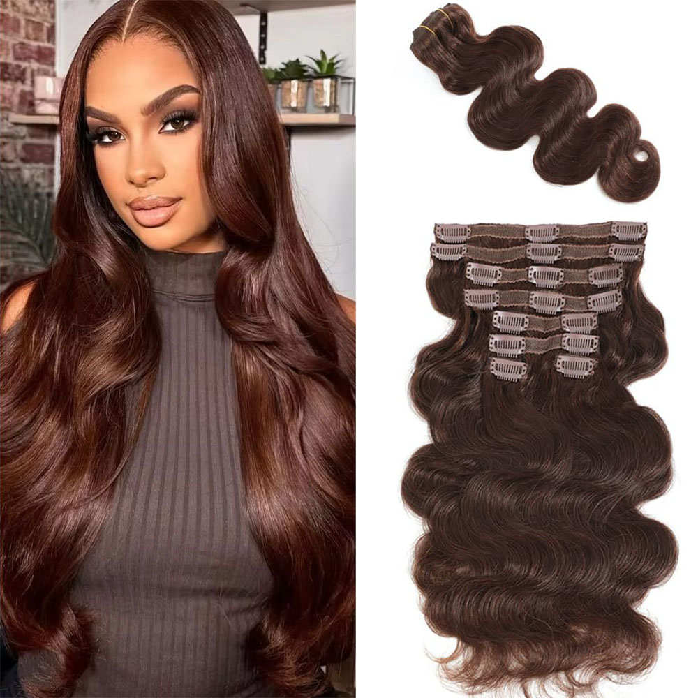 Seamless Clip In Hair Extensions Human Hair - # 4 الشوكولاته براون الجسم موجة