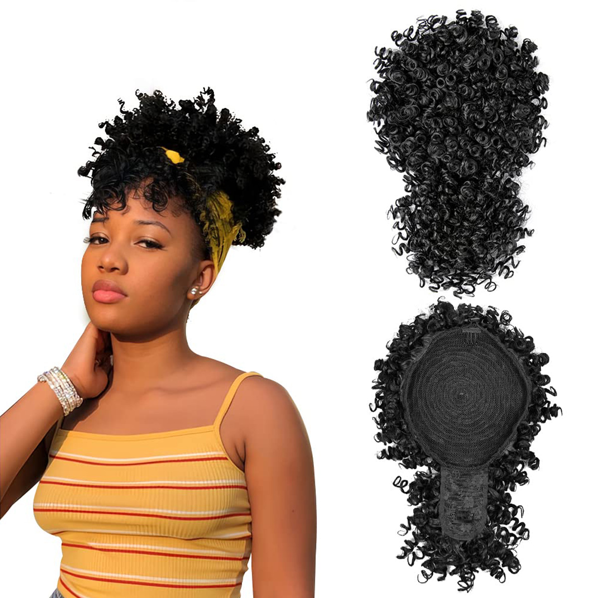 أفرو نفخة الرباط الاصطناعية ذي - مراجعة Drawstring Afro Curly Puff Ponytail وسعره